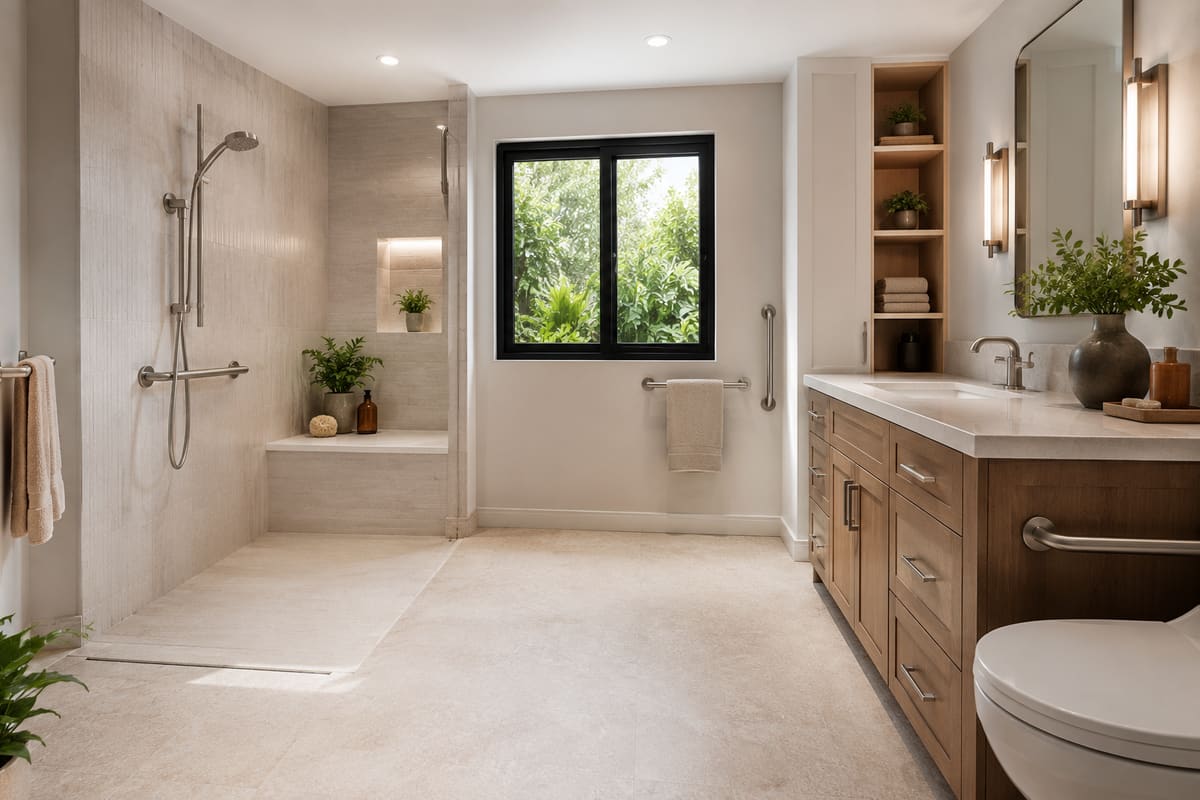 Accessible ADU bathroom with curbless shower and grab-bar blocking