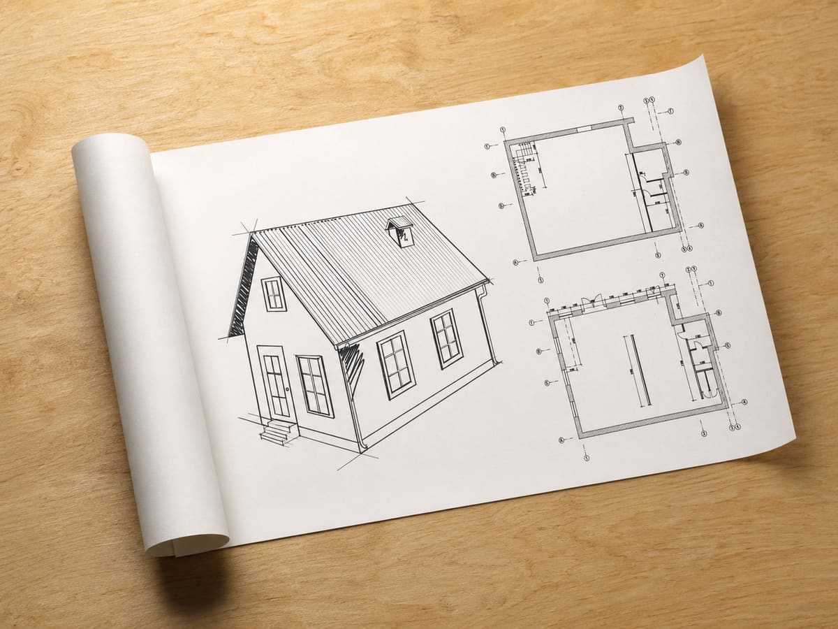ADU blueprint floor plans spread across a work table