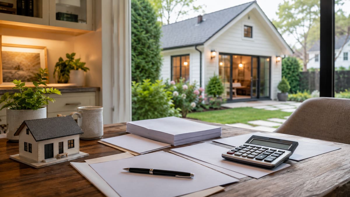 Homeowner planning an ADU project at a desk with plans and notes