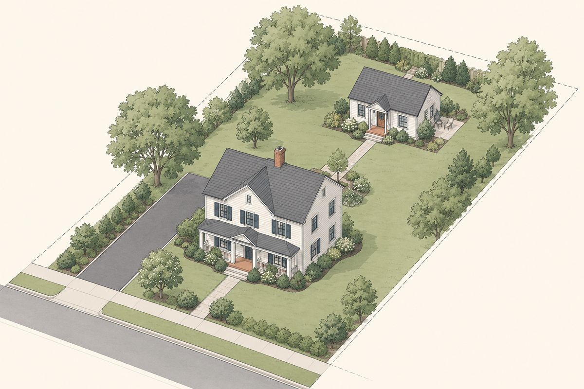 Conceptual aerial illustration of a principal house, driveway, garden path, and smaller detached ADU at the rear of a lot
