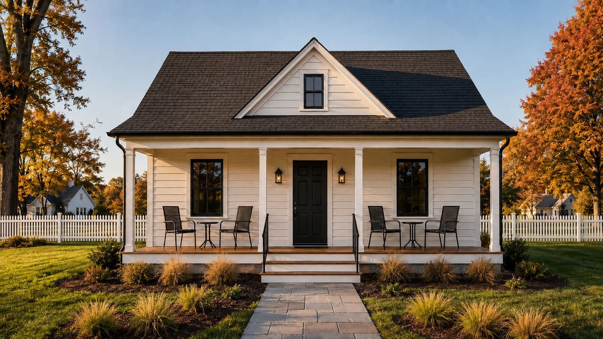 The Aspetuck — two-bedroom detached modular ADU cottage exterior with covered entry