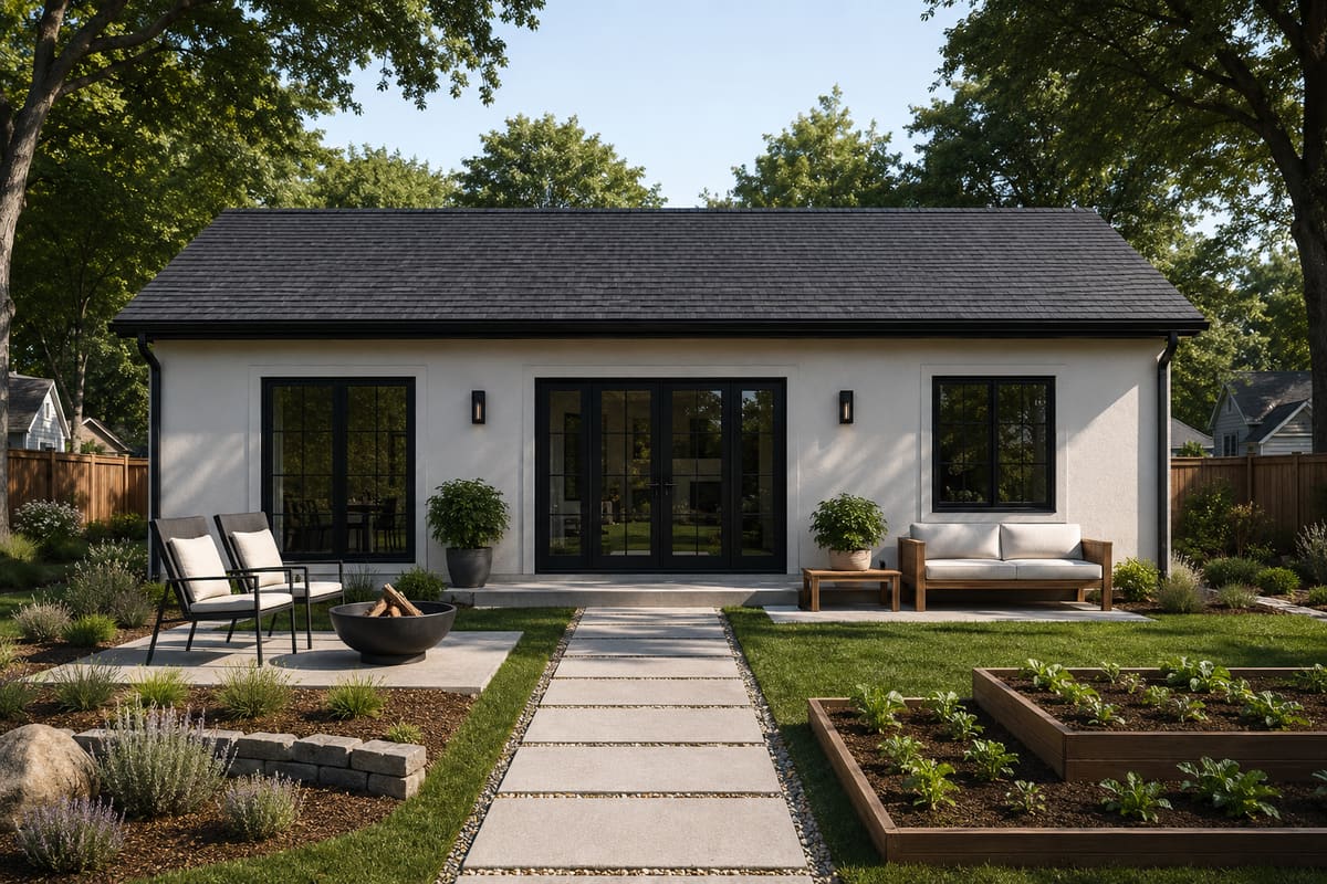 The Candlewood — compact detached modular ADU cottage exterior with warm-cream siding