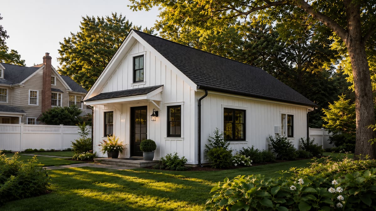 Detached modular ADU cottage with black-framed windows in a Fairfield County backyard