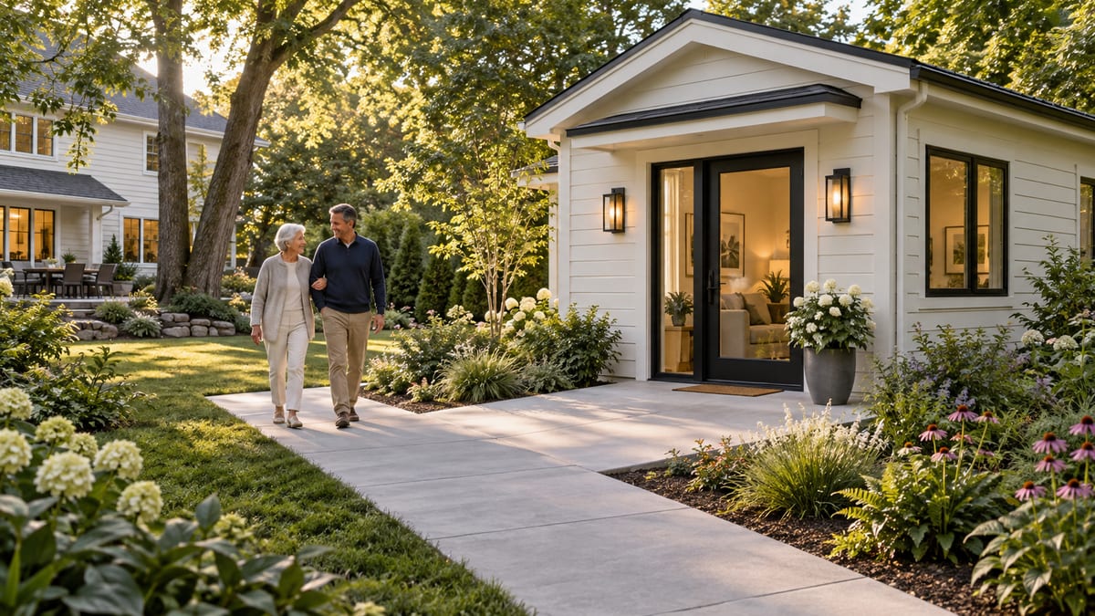 Illustrative single-level backyard ADU with a continuous paved approach and flush entrance.