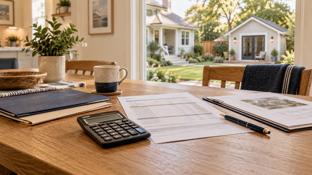 ADU project budget and calculator on a table overlooking a backyard cottage.