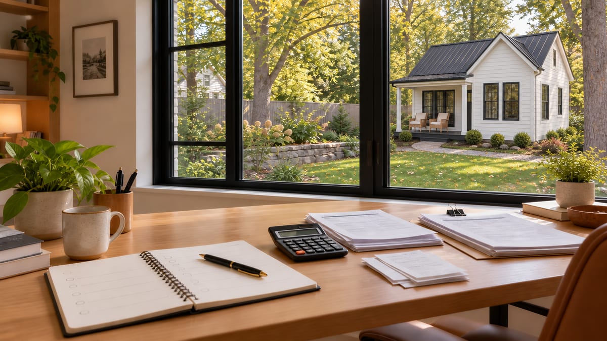 Planning ADU rental income and expenses with a backyard cottage visible beyond the desk.