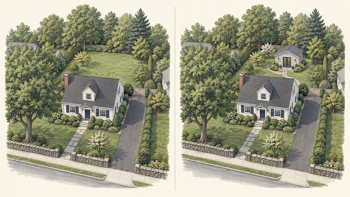 Conceptual before-and-after view of the same property with a detached ADU added.