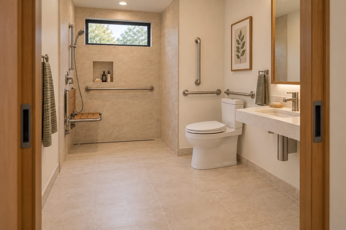 Compact bathroom concept with a curbless shower, folding seat, grab bars and open space beneath the sink.