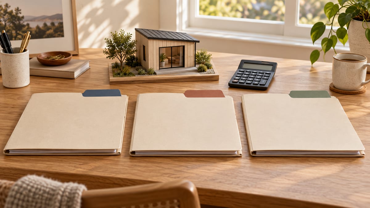 Three financing options arranged with a calculator and small ADU model.