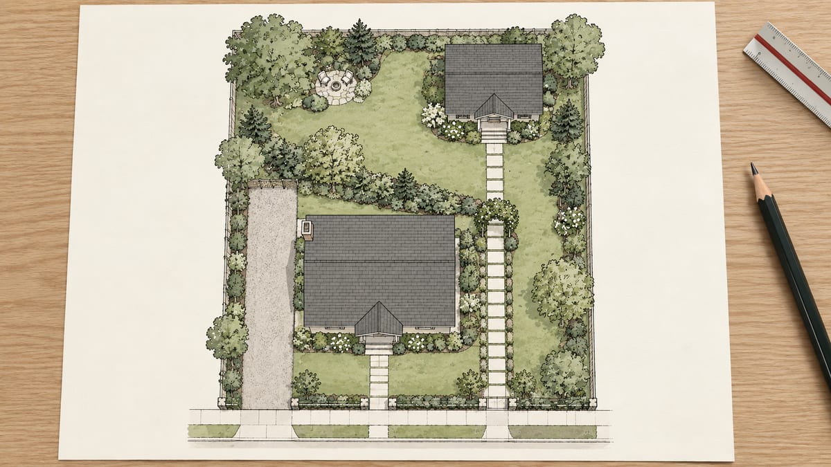 Conceptual site-study sketch showing a main house, backyard ADU, paths and privacy planting.