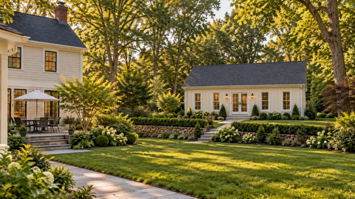 Illustrative detached ADU cottage separated from the principal home by a landscaped yard.