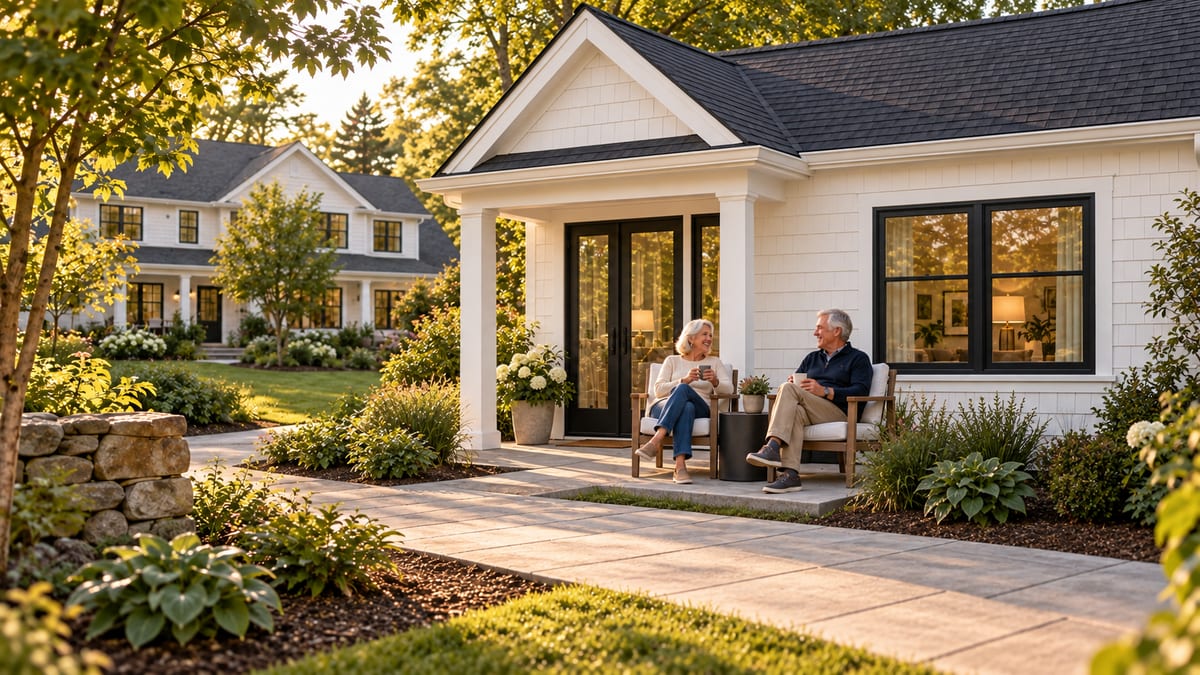 Older couple at a compact backyard ADU with the larger main home in the background.