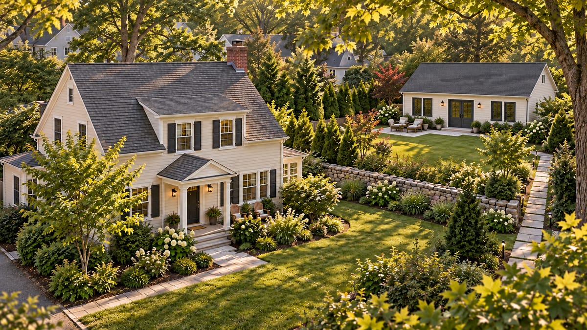 Main house and detached ADU sharing a landscaped residential lot with separate entrances.