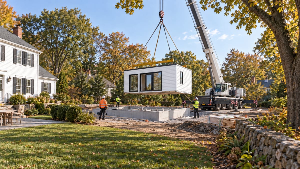 Illustrative crane placement of a modular ADU onto a prepared foundation.