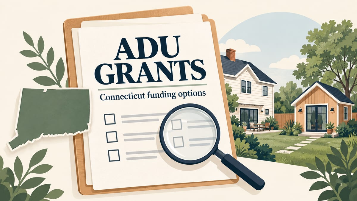 ADU Grants graphic with Connecticut funding options, an application and a backyard cottage.