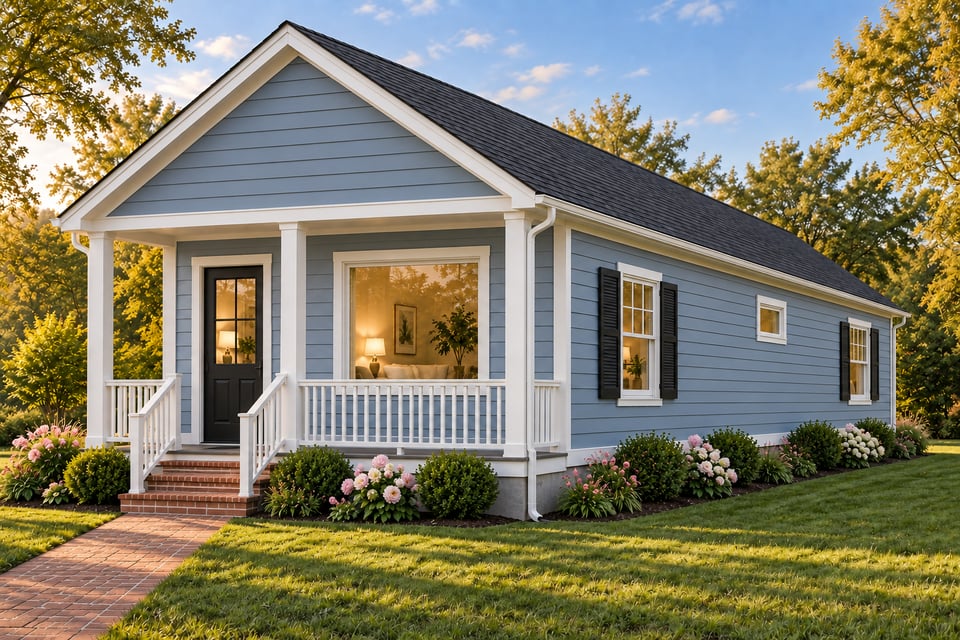 The Haven, a long one-bedroom ADU with slate-blue lap siding, white trim and a covered front porch.