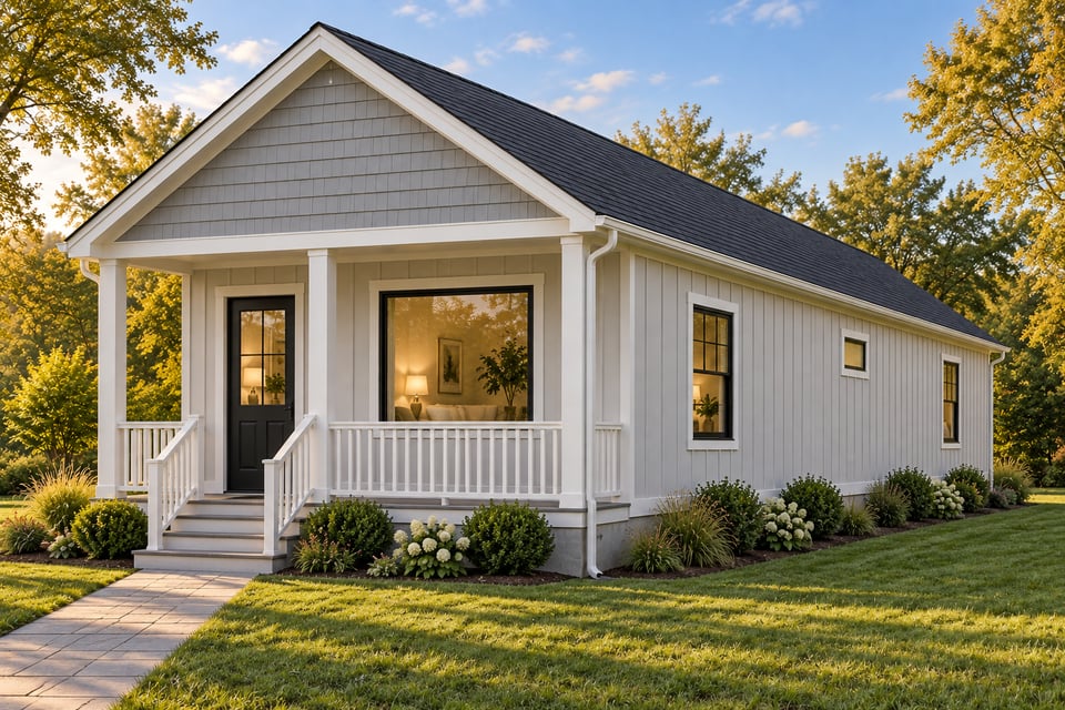 The Haven, with white vertical siding, a charcoal shingle roof, a black front door and a covered porch with white railings.
