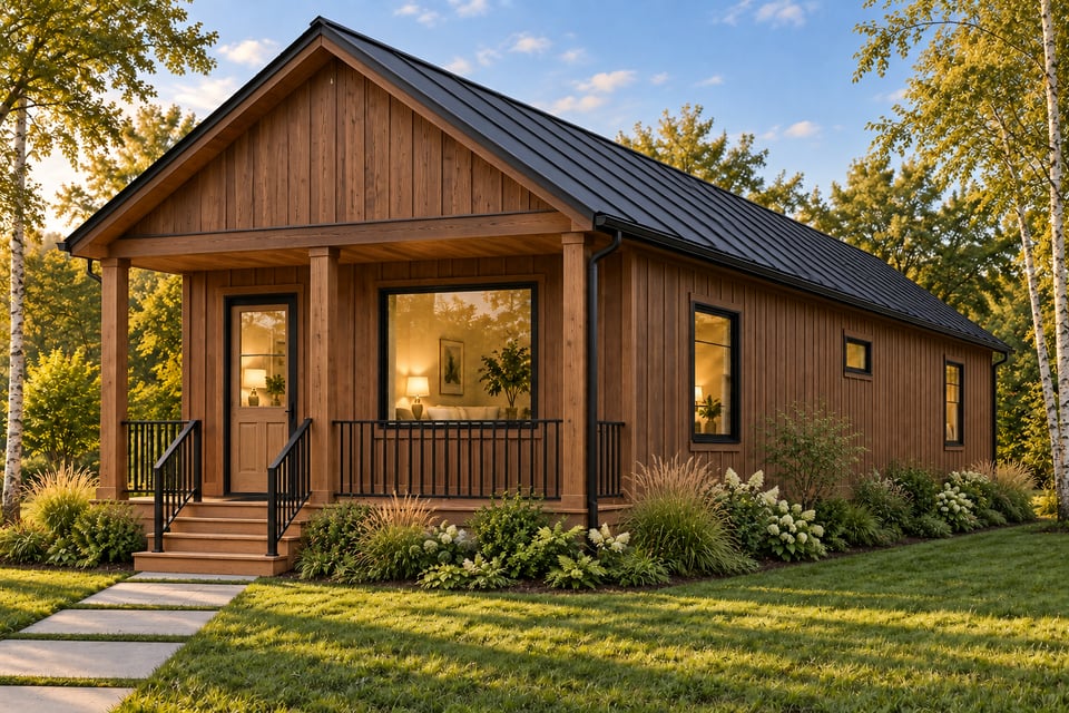 The Haven, with warm wood vertical siding, a dark metal roof, a glazed front door and a covered porch with black railings.
