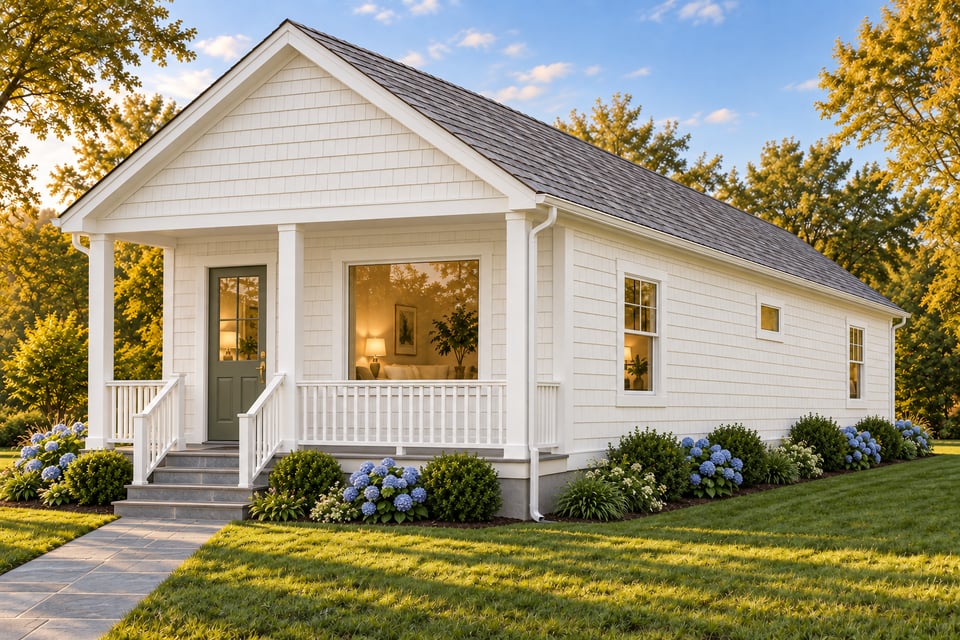 The Haven, with white shingle siding, a grey shingle roof, a green front door and a covered porch with white railings.