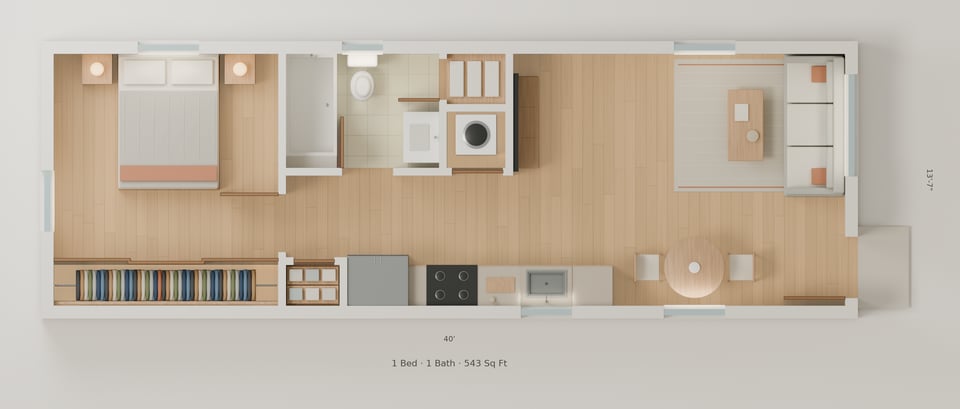 The Haven simple floorplan — 1 bedroom, 1 bath, 543 sq ft