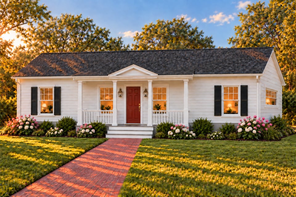 The Sherwood, with white lap siding, a dark shingle roof, black shutters and a red door beneath a covered front porch.