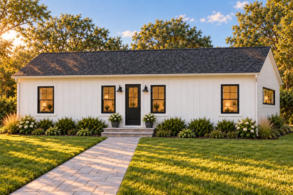 The Sherwood, a long two-bedroom ADU with white board-and-batten siding, black-framed windows and a charcoal shingle roof.