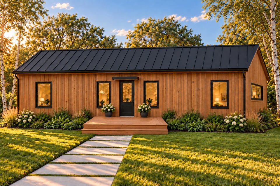 The Sherwood, with warm wood vertical siding, a dark metal roof, a black glazed front door and a broad wooden entry deck.
