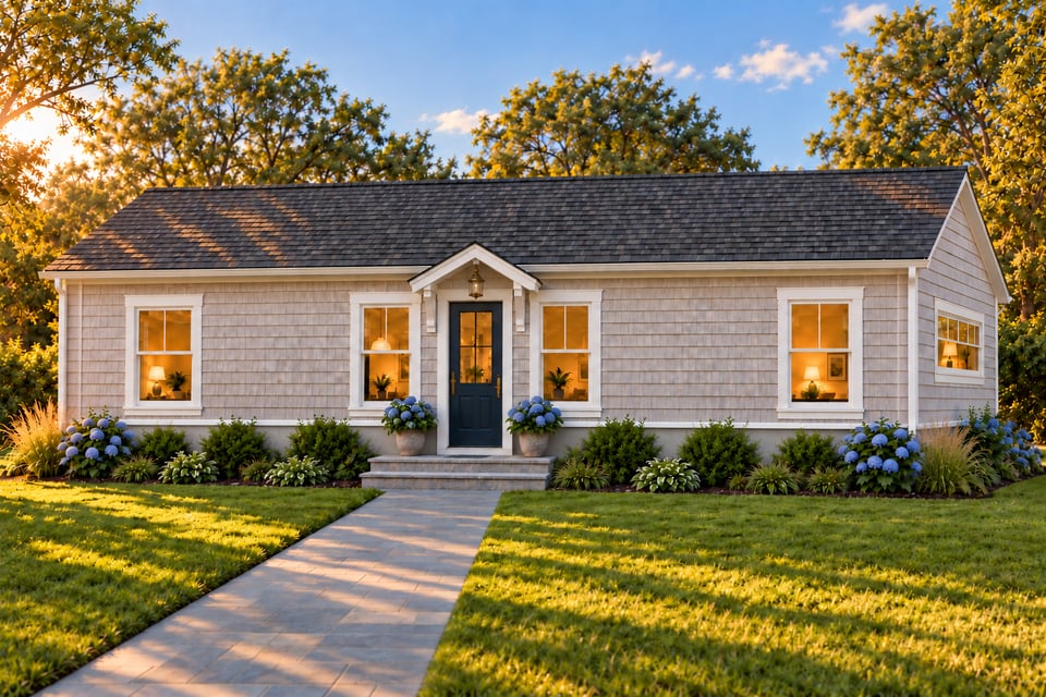 The Sherwood, with pale grey shingle siding, a charcoal shingle roof and a navy front door beneath a small gabled hood.