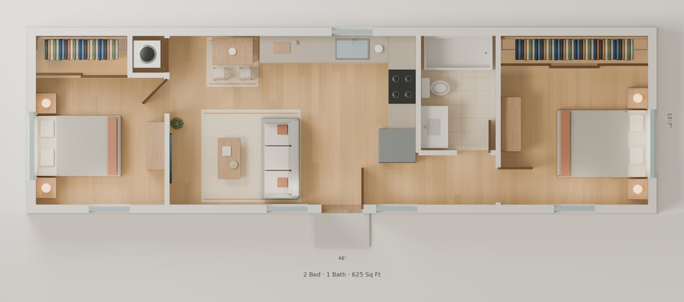 The Sherwood simple floorplan — 2 bedrooms, 1 bath, 625 sq ft