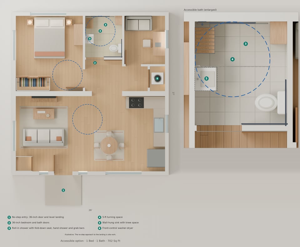 The Noroton accessible floorplan with numbered features and bath detail