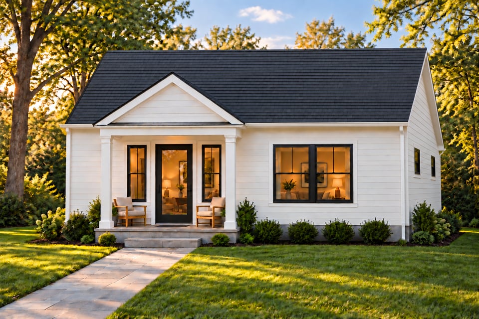 The Noroton, with white lap siding, black-framed windows and a small gabled porch at the front door.