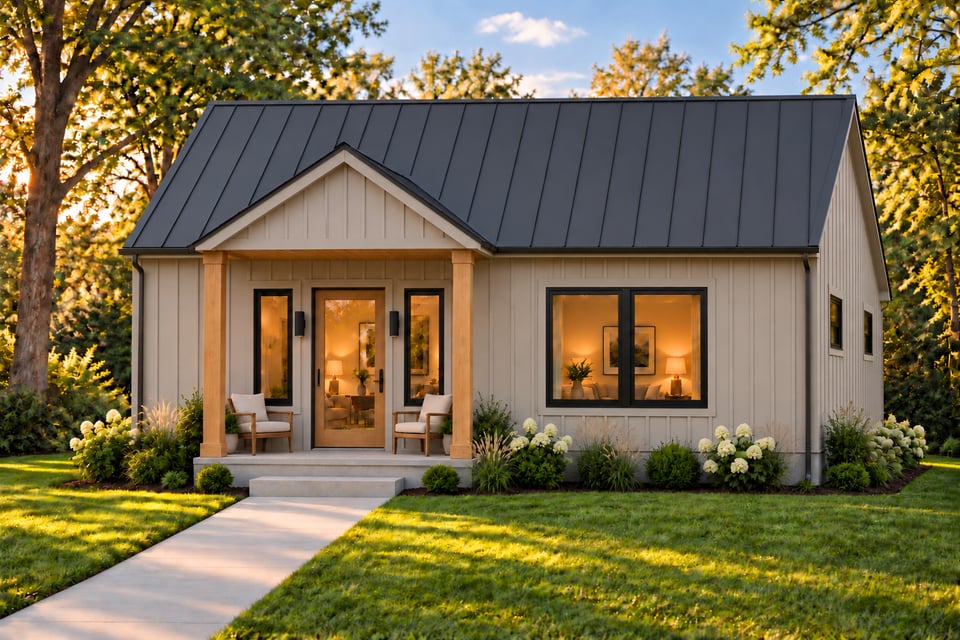 The Noroton, with pale vertical siding, a dark metal roof and a wood glazed door beneath a porch supported by timber posts.