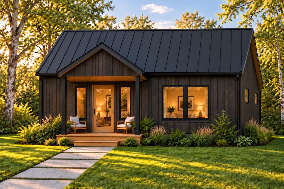 The Noroton, with charcoal vertical siding, a dark metal roof and a wood glazed door beneath a small covered timber porch.
