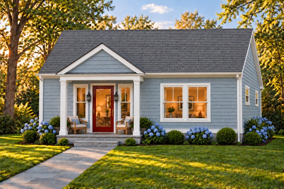 The Noroton, with blue shingle siding, a charcoal shingle roof and a wood glazed front door beneath a white-trimmed covered porch.