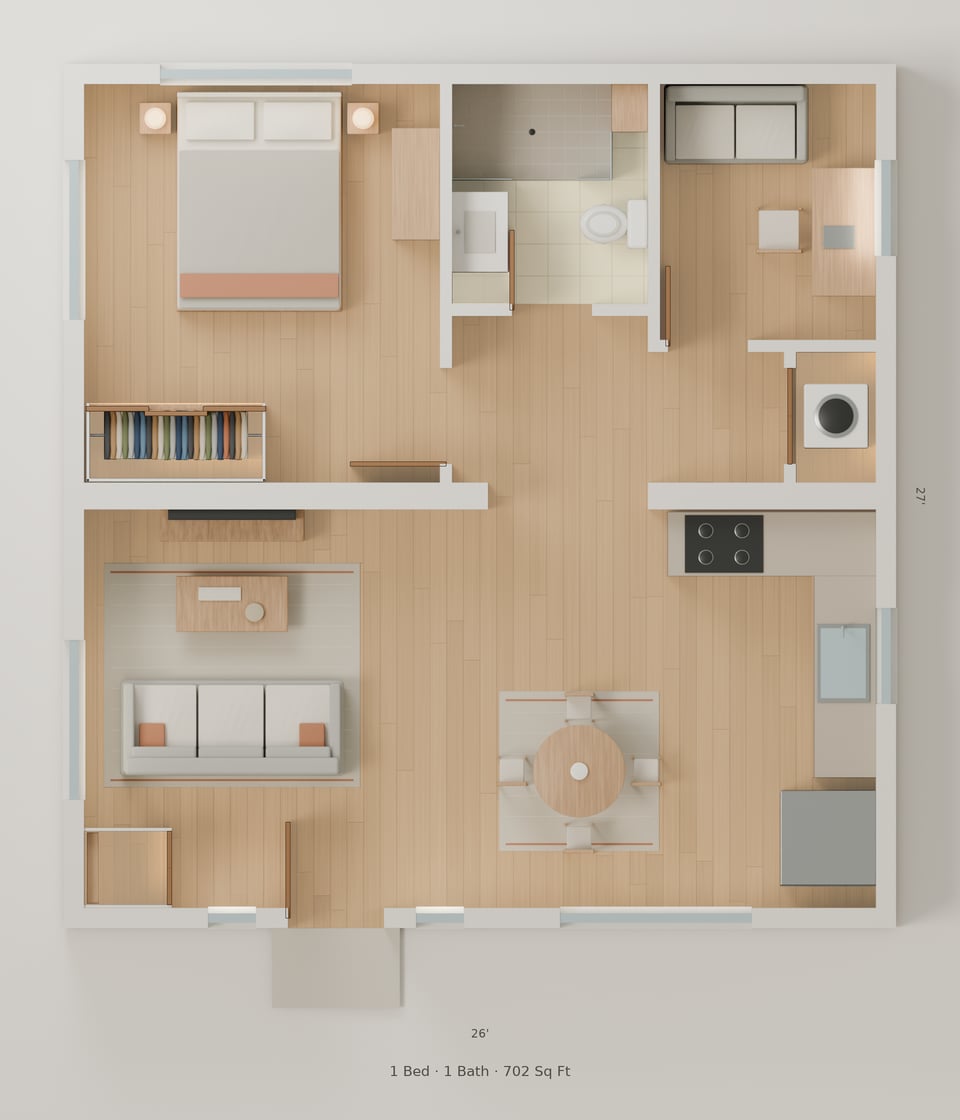 The Noroton simple floorplan — 1 bedroom, 1 bath, 702 sq ft