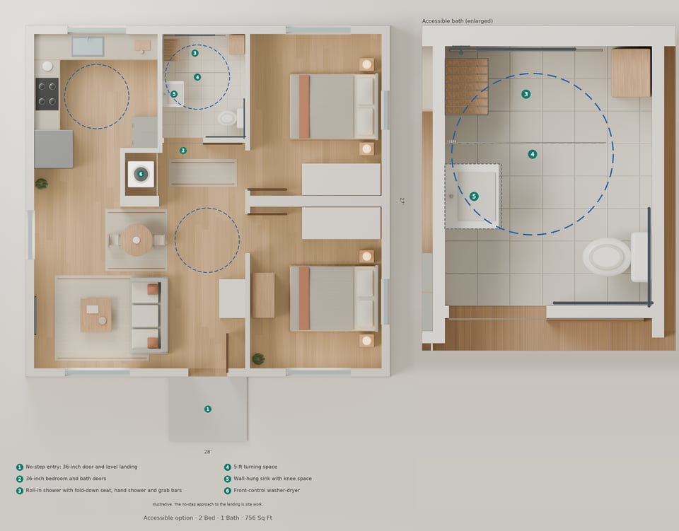 The Merritt accessible floorplan with numbered features and bath detail