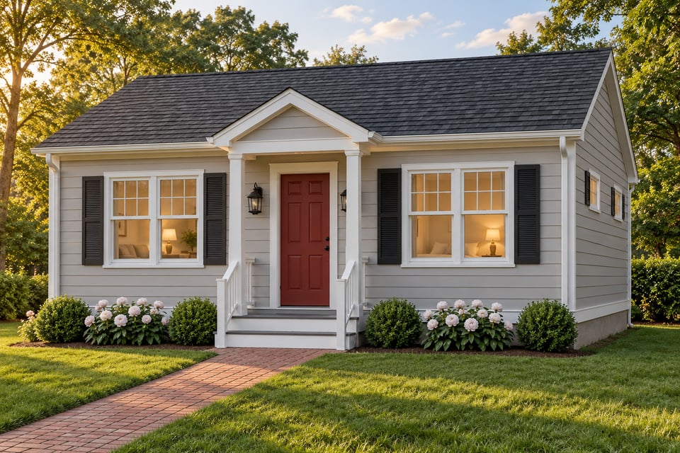 The Merritt, with light grey clapboard siding, black shutters, a red front door and a small gabled entry porch.