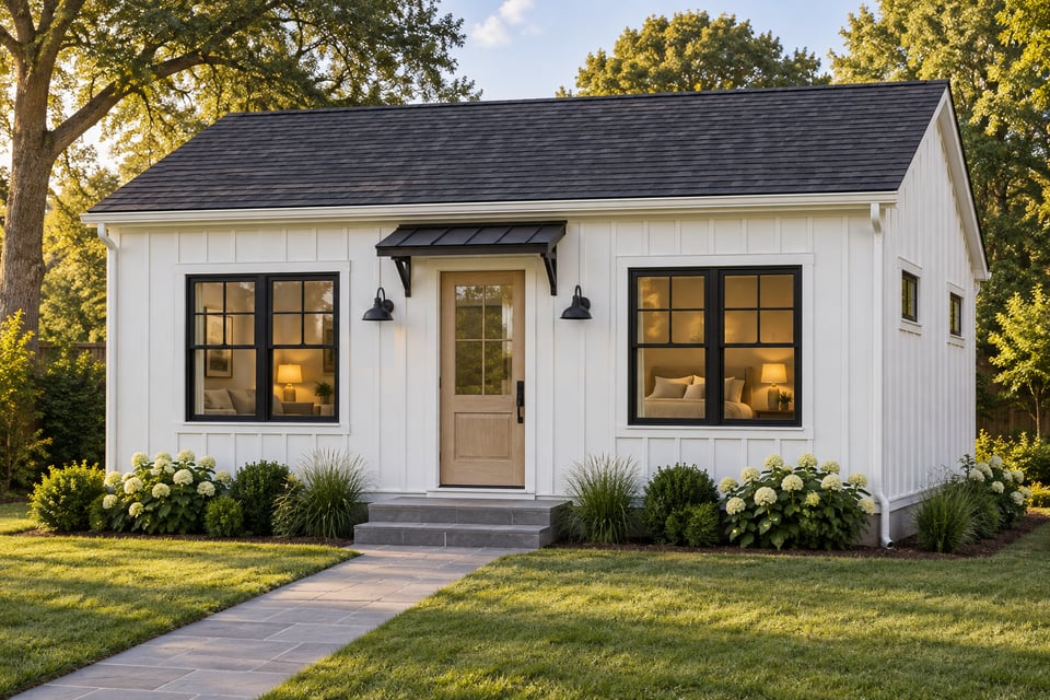 The Merritt, with white vertical siding, a charcoal shingle roof and a light wood glazed door beneath a narrow black metal hood.