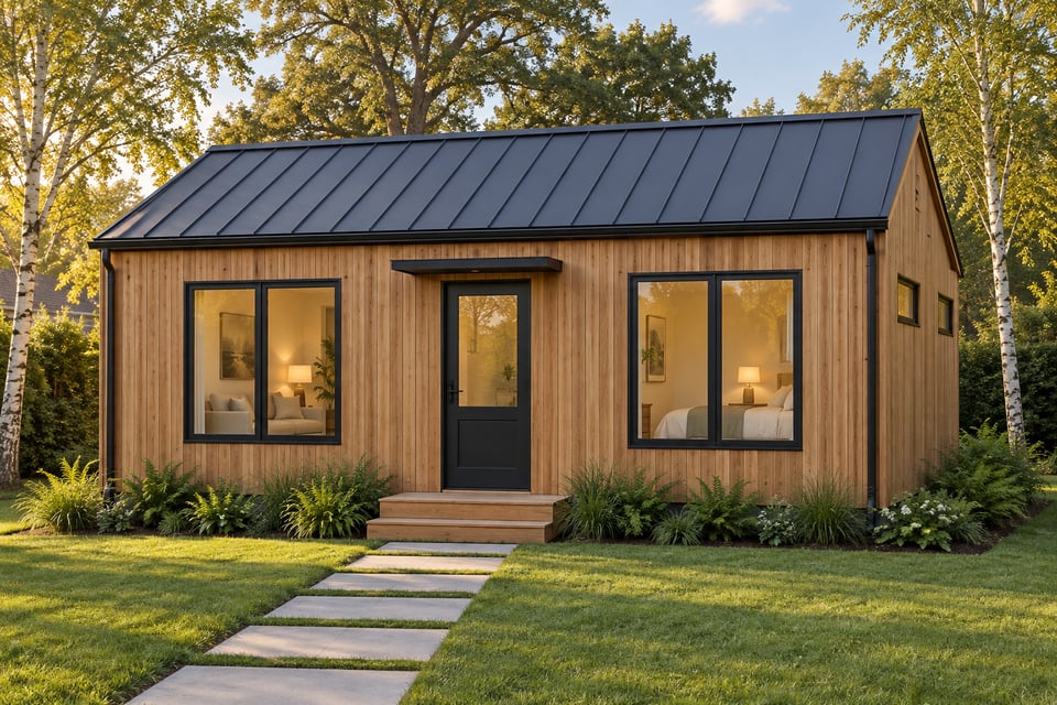 The Merritt, with warm wood vertical siding, a dark metal roof and a black glazed front door reached by short wooden steps.