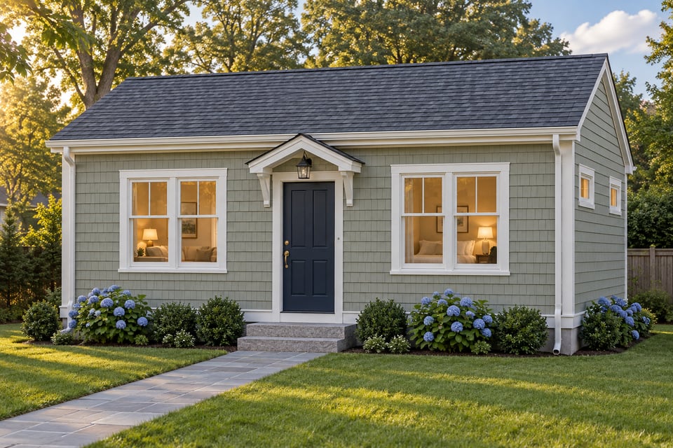 The Merritt, with sage-green shingle siding, white trim and a navy front door under a small bracketed hood.