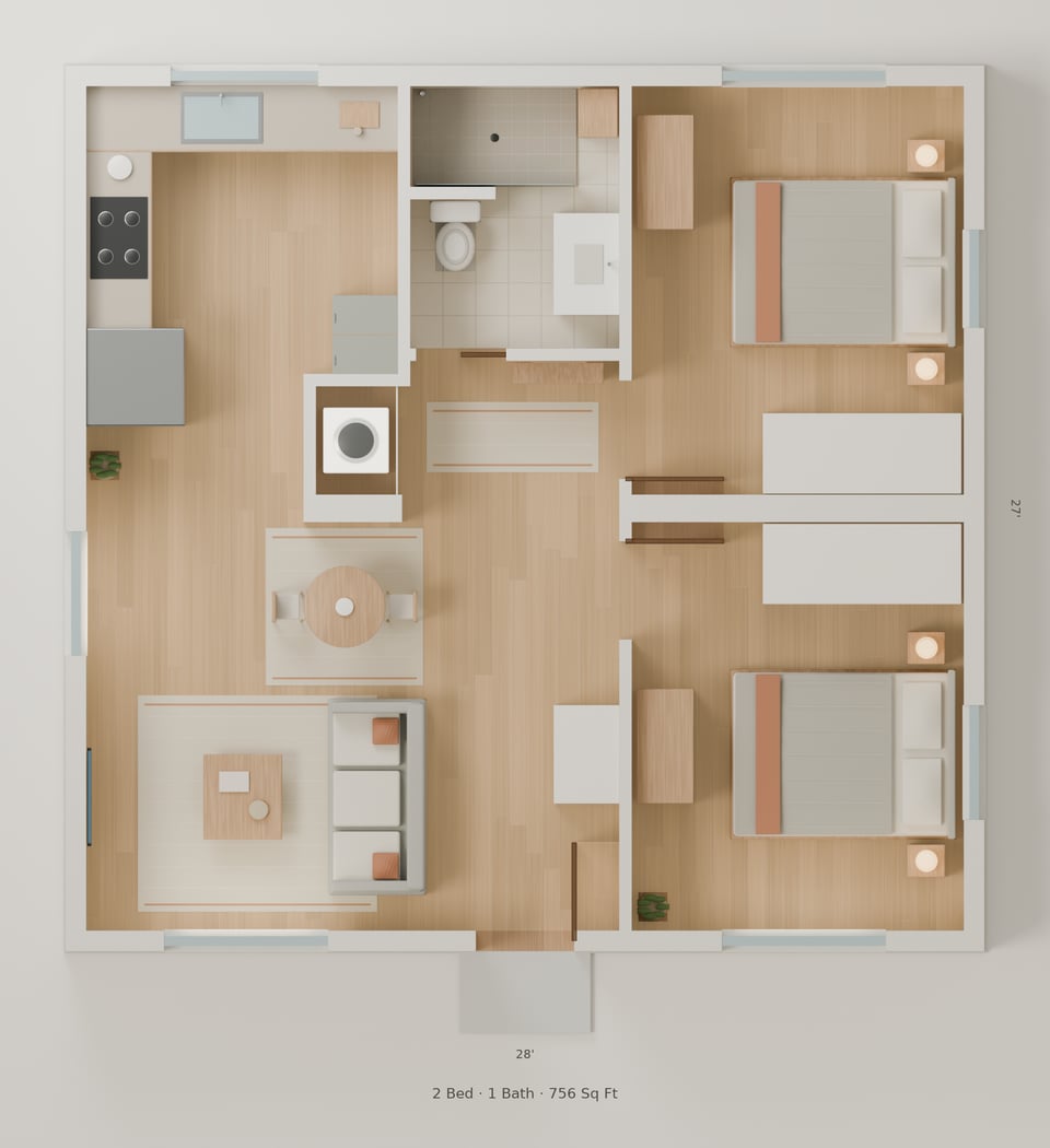 The Merritt simple floorplan — 2 bedrooms, 1 bath, 756 sq ft