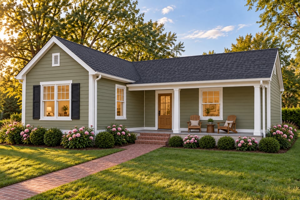 The Aspetuck, with green lap siding, a dark shingle roof and a tan front door beneath a covered porch with white columns.