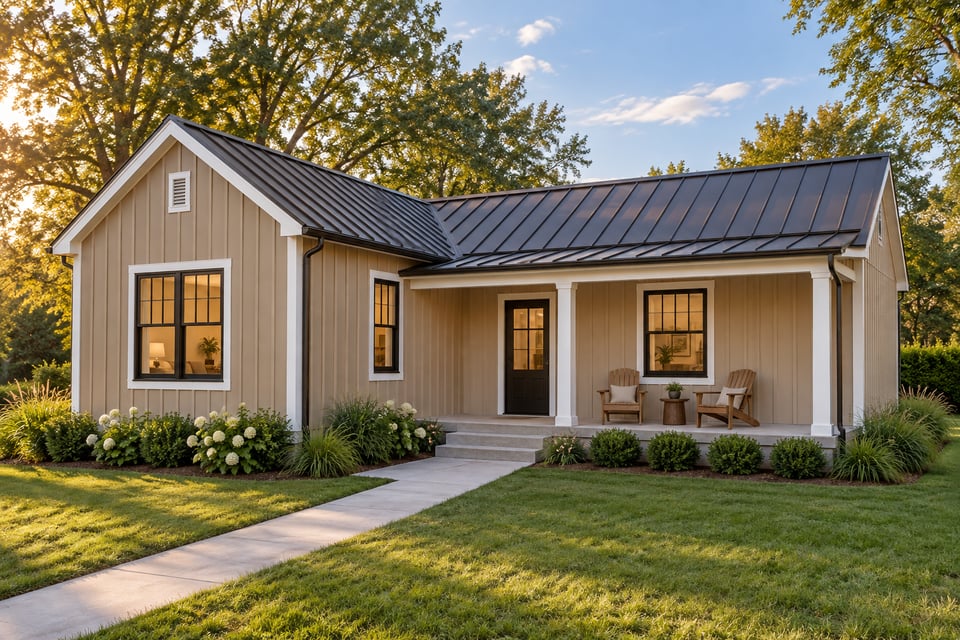 The Aspetuck, with pale vertical siding, a dark metal roof and a black front door beneath a covered porch with white posts.