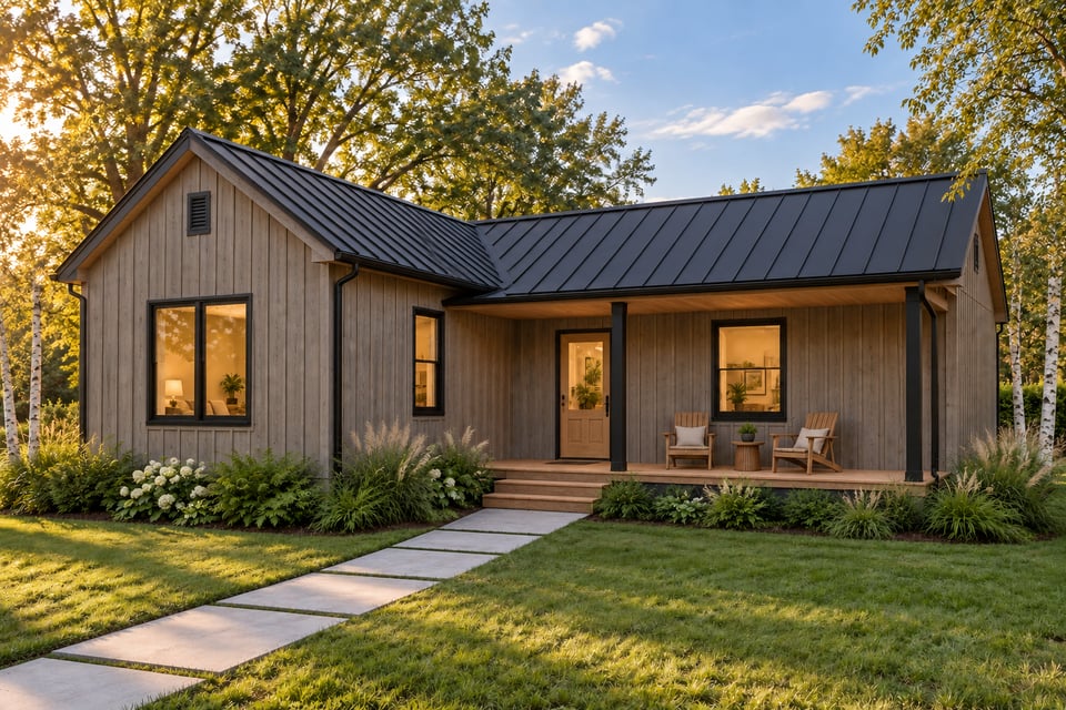 The Aspetuck, with weathered grey vertical siding, a dark metal roof and a wood front door beneath a covered porch with dark posts.
