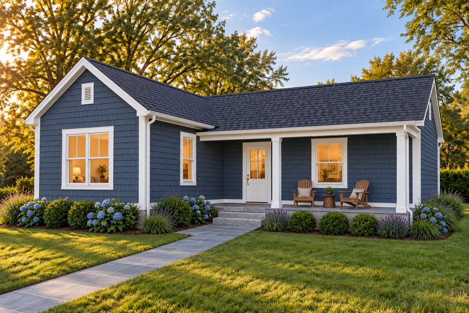 The Aspetuck, a T-shaped one-bedroom ADU with slate-blue shingle siding, white trim and a covered porch along its wing.