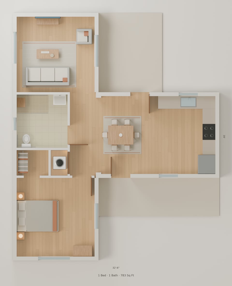 The Aspetuck simple floorplan — 1 bedroom, 1 bath, 783 sq ft