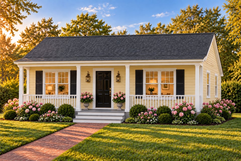 The Westport, with pale yellow lap siding, a charcoal shingle roof, black shutters and a black door opening onto a covered porch.