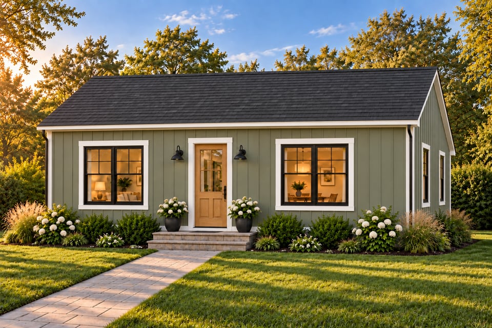 The Westport, with green vertical siding, a dark shingle roof, black-framed windows and a light wood glazed door above concrete entry steps.