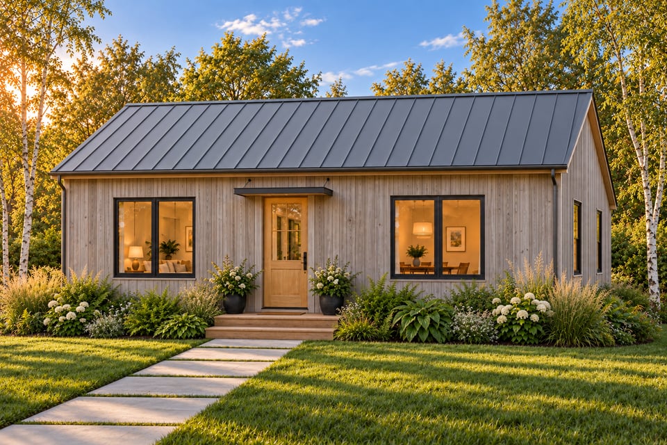 The Westport, with silver-grey vertical siding, a grey standing-seam metal roof and a light oak front door.