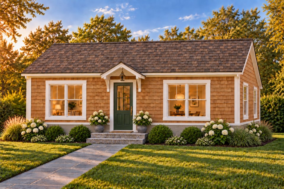 The Westport, with cedar-coloured shingle siding, a brown shingle roof and a green glazed front door beneath a small gabled hood.